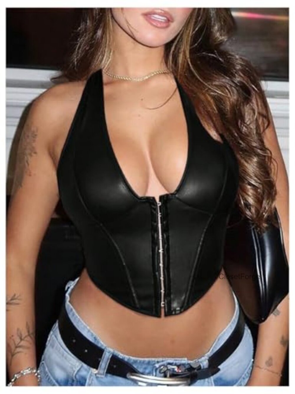 Y2K PU Leather Halter Neck Hook Eye Backless Crop Tank Top - Picture 3 of 6